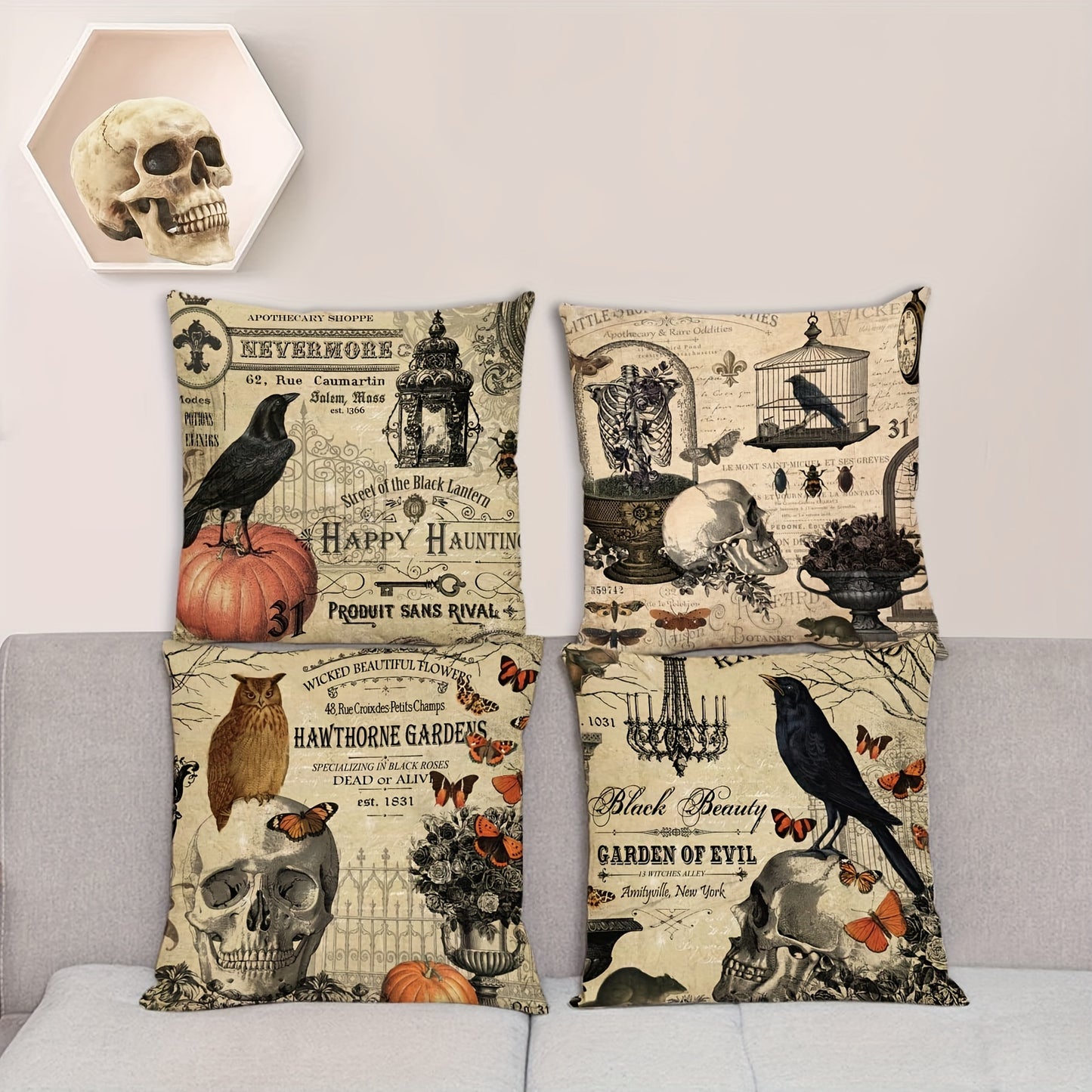 4pc, Halloween Linen Blend Throw Pillow Case, Skeleton Pumpkin Crow Square Cushion Case, Decorative Pillow Cover For Living Room Bedroom Couch Sofa, Home Decor, Room Decor, Party Decor, Halloween Decor, Single-Sided Printed