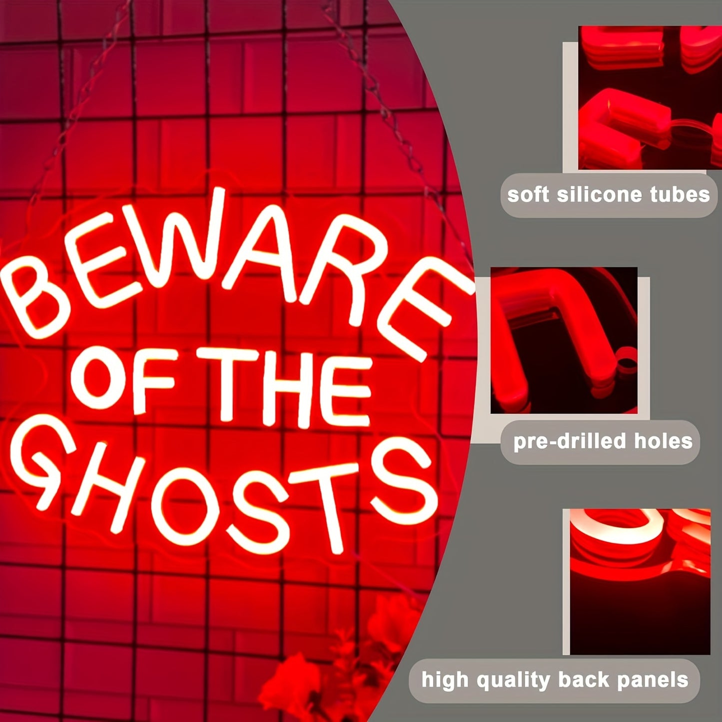 Halloween Neon Sign "Beware of the Ghosts" – Dimmable LED Wall Decor, USB Powered Red Neon Sign for Multipurpose Use, Plastic Material with Easy Wall Hanging Switch Control for Door, Porch, Bar, and Party Decorations