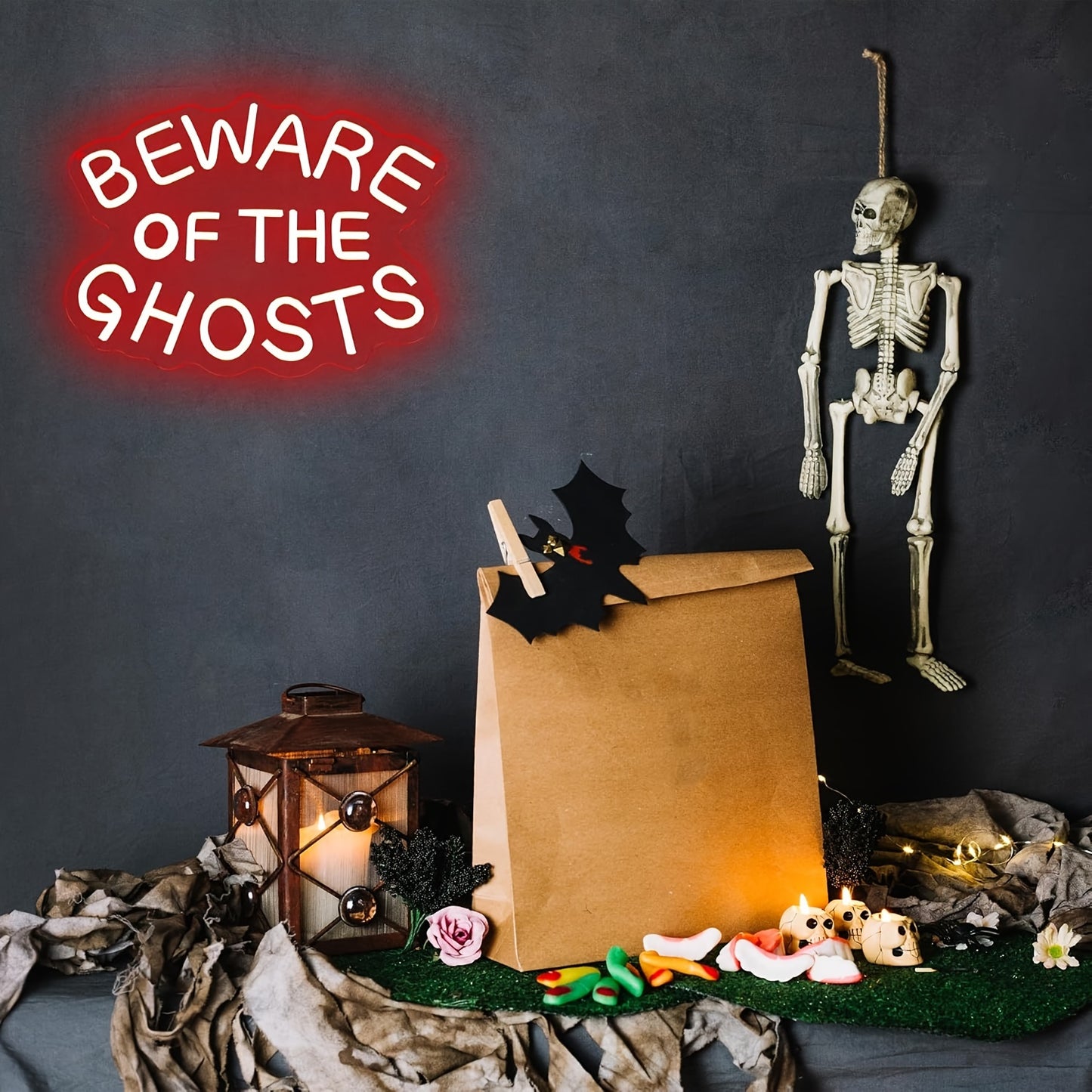 Halloween Neon Sign "Beware of the Ghosts" – Dimmable LED Wall Decor, USB Powered Red Neon Sign for Multipurpose Use, Plastic Material with Easy Wall Hanging Switch Control for Door, Porch, Bar, and Party Decorations