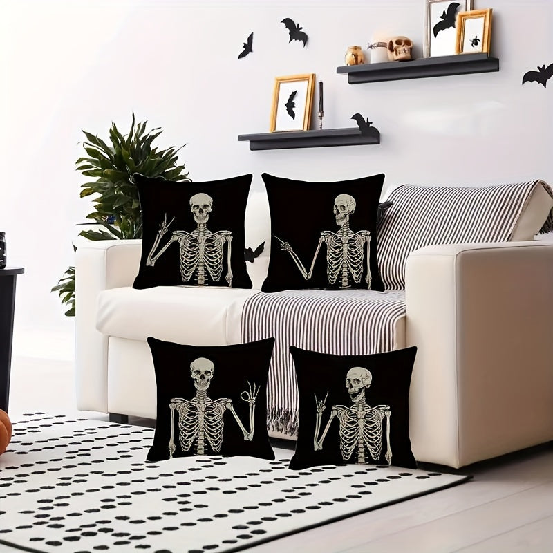 Halloween Skeleton Pillow Covers Set of 4, Traditional Style Linen Throw Cushion Cases 18x18 Inches, Stain Resistant Zippered Sofa Decor with Spooky Patterns, Machine Washable for Home