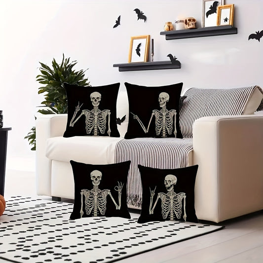 Halloween Skeleton Pillow Covers Set of 4, Traditional Style Linen Throw Cushion Cases 18x18 Inches, Stain Resistant Zippered Sofa Decor with Spooky Patterns, Machine Washable for Home