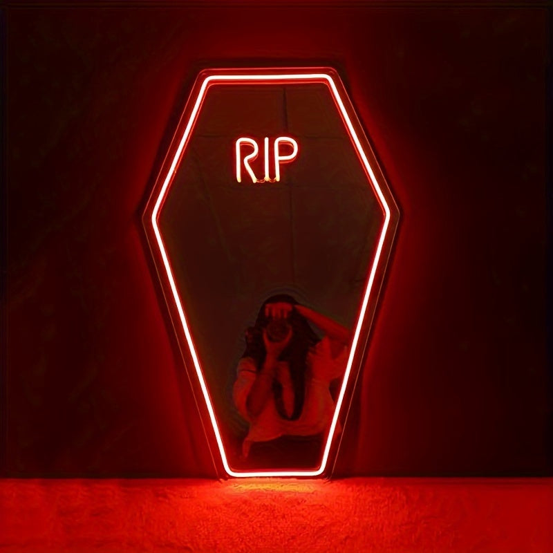 RIP Neon Sign Mirror - USB Powered Wall Decor Light with Switch & Button Control, Perfect for Halloween Parties, Birthdays & Valentine's Gifts