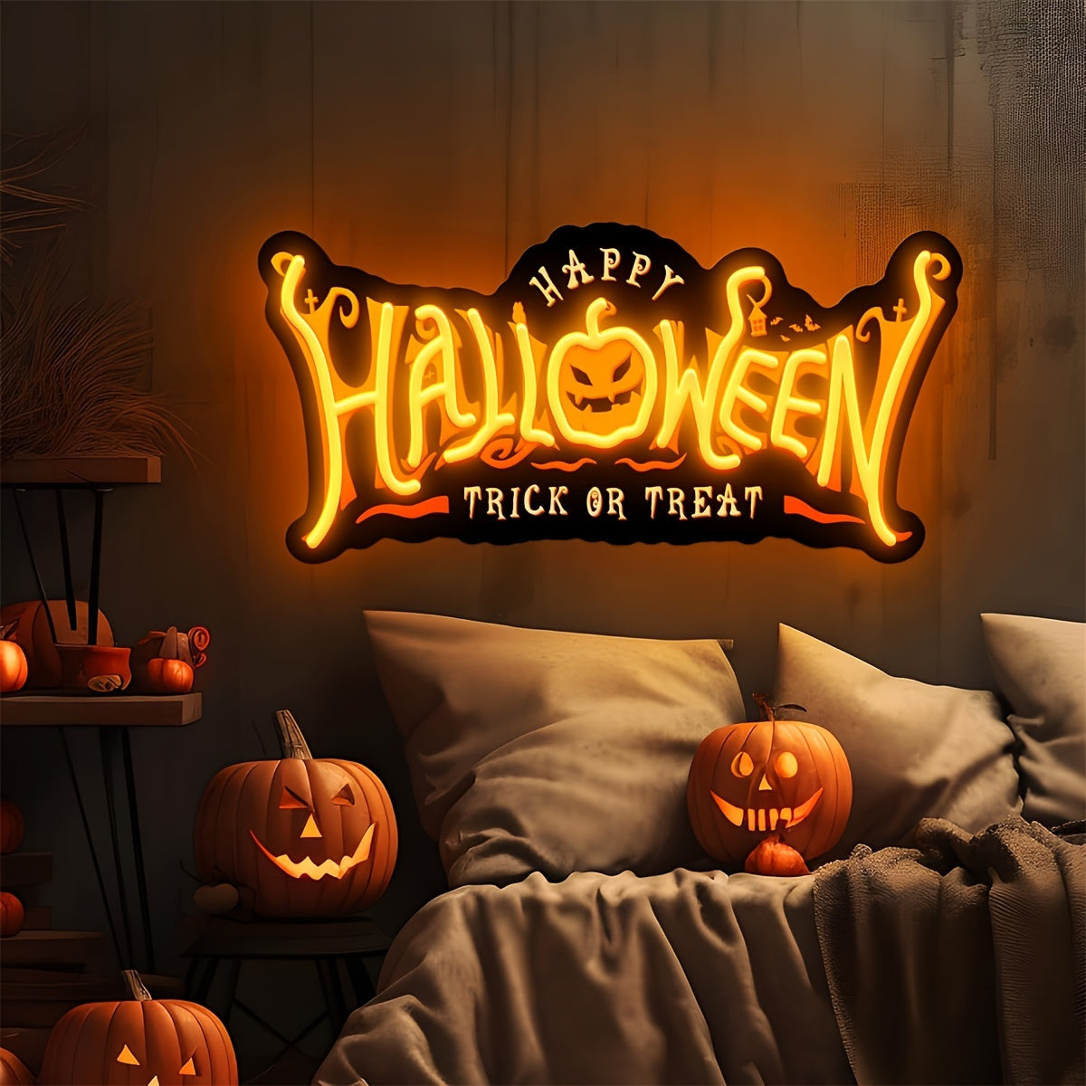 USB-Powered Glow-In-The-Dark 'Happy Halloween' & 'Trick Or Treat' Neon Sign - Perfect For Bedroom, Bar Decor & Game Room Ambiance