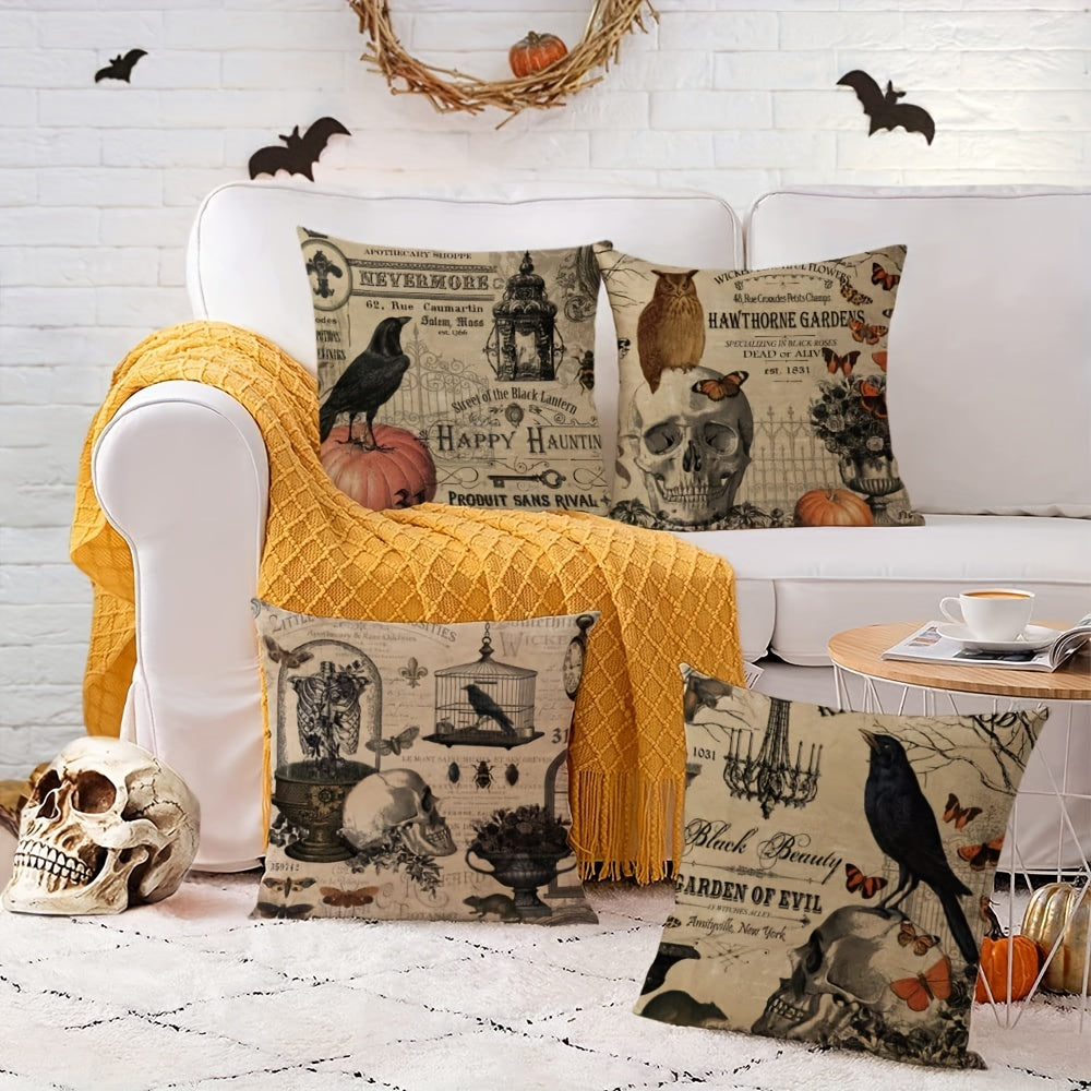 4pc, Halloween Linen Blend Throw Pillow Case, Skeleton Pumpkin Crow Square Cushion Case, Decorative Pillow Cover For Living Room Bedroom Couch Sofa, Home Decor, Room Decor, Party Decor, Halloween Decor, Single-Sided Printed