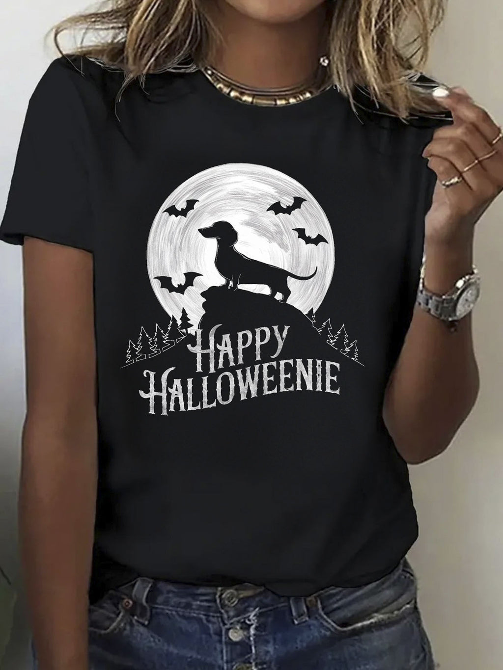 Dachshund Happy Pattern Printed T-Shirt Round Neck Short Sleeved T-Shirt, Pure Breathable Casual