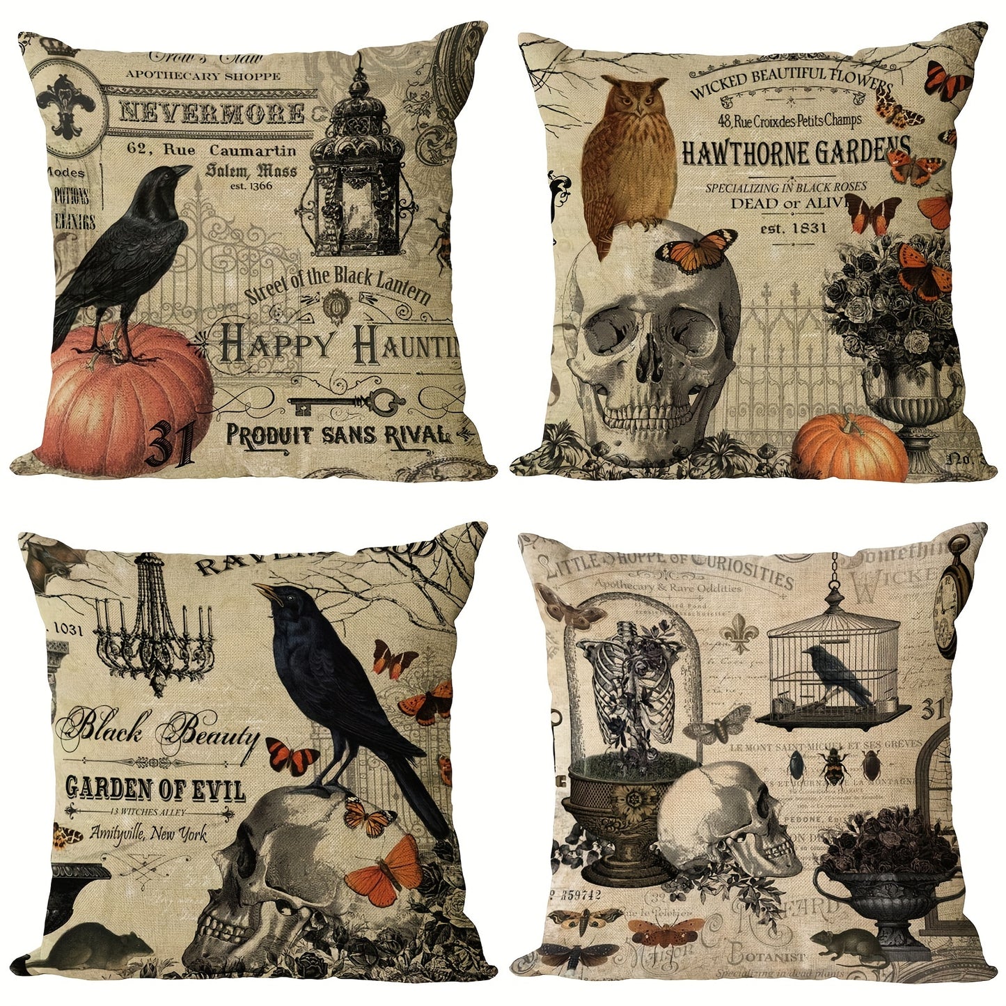 4pc, Halloween Linen Blend Throw Pillow Case, Skeleton Pumpkin Crow Square Cushion Case, Decorative Pillow Cover For Living Room Bedroom Couch Sofa, Home Decor, Room Decor, Party Decor, Halloween Decor, Single-Sided Printed