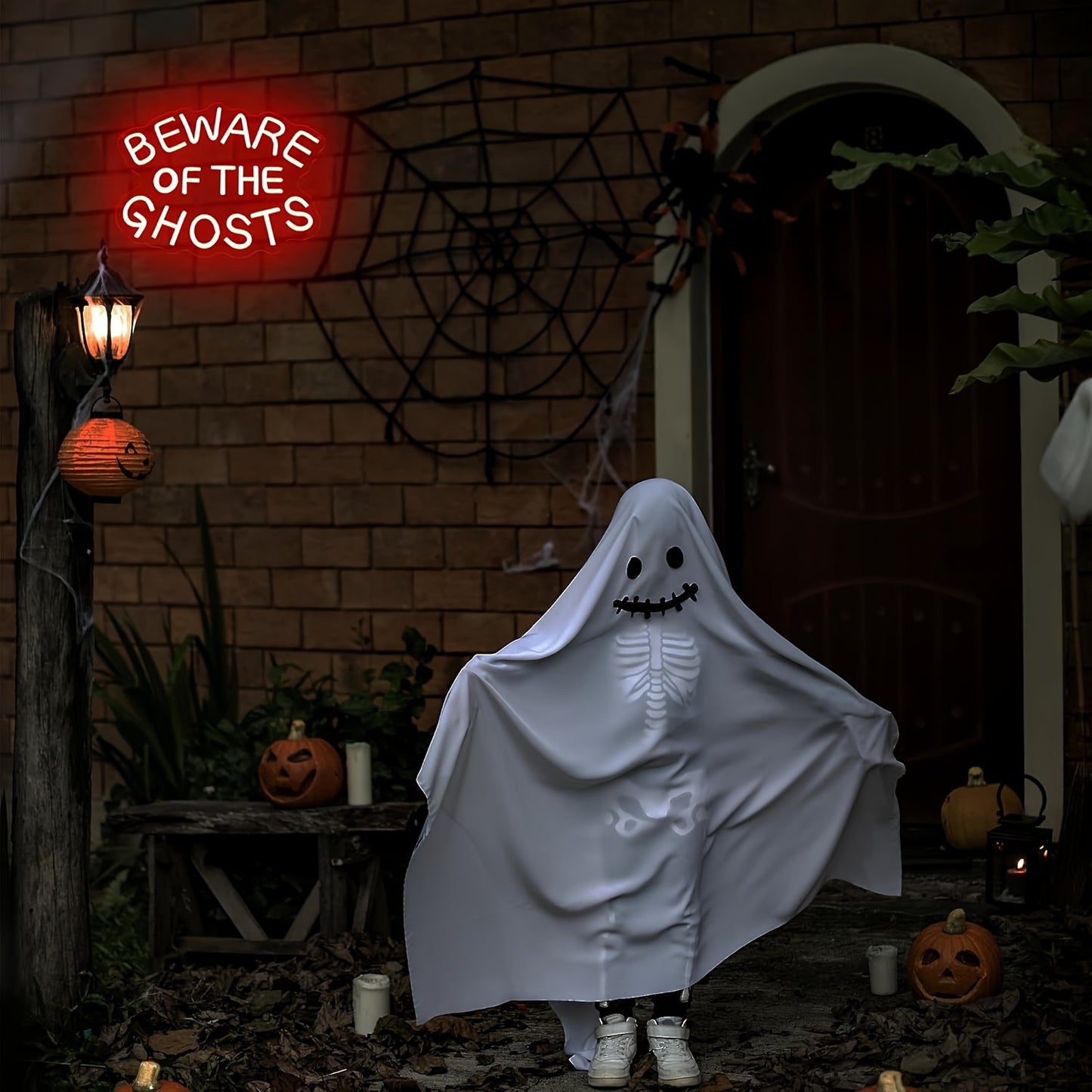 Halloween Neon Sign "Beware of the Ghosts" – Dimmable LED Wall Decor, USB Powered Red Neon Sign for Multipurpose Use, Plastic Material with Easy Wall Hanging Switch Control for Door, Porch, Bar, and Party Decorations