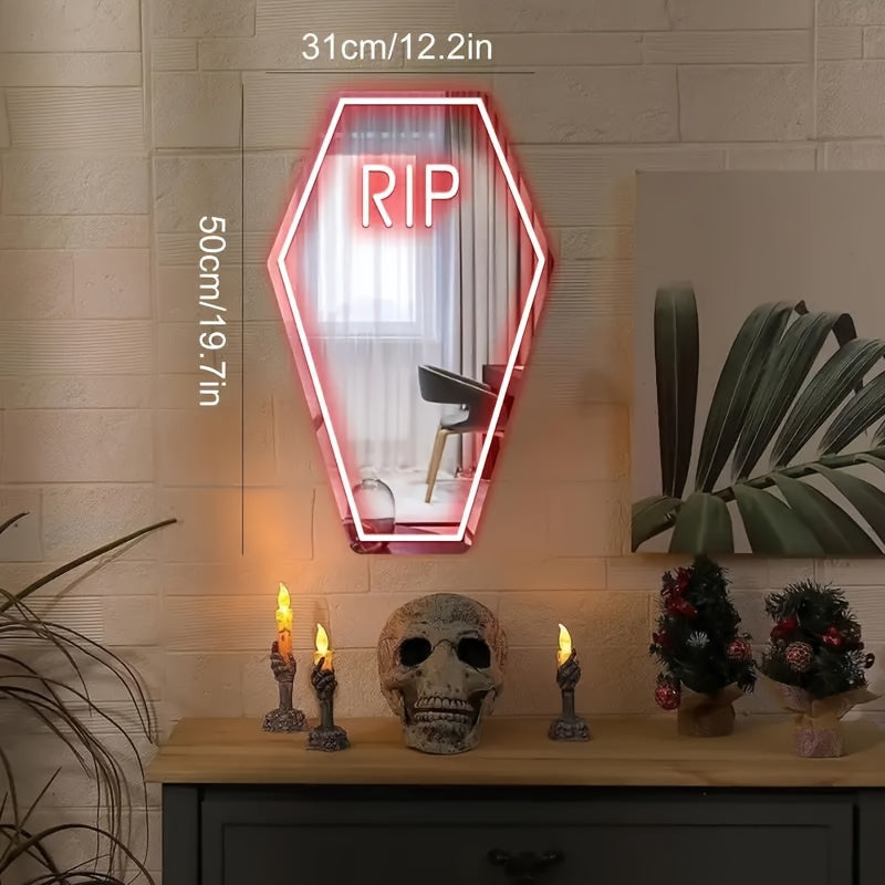 RIP Neon Sign Mirror - USB Powered Wall Decor Light with Switch & Button Control, Perfect for Halloween Parties, Birthdays & Valentine's Gifts