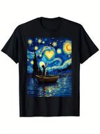 100% Cotton Unisex Graphic T-Shirt | Starry Night Cat Lover - Van Gogh Inspired Artwork with Heart & Boat Scene, Loose Fit, S-XXXL