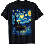 100% Cotton Unisex Graphic T-Shirt | Starry Night Cat Lover - Van Gogh Inspired Artwork with Heart & Boat Scene, Loose Fit, S-XXXL