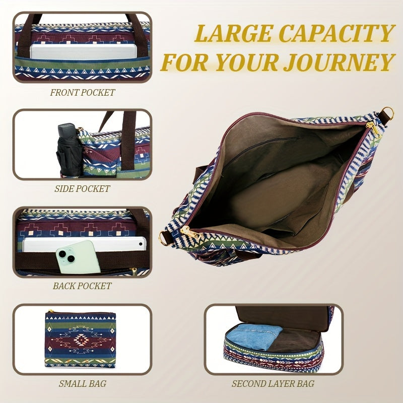 Bohemian retro style canvas travel luggage bag, large-capacity storage bag, foldable lightweight portable storage bag, travel bag with coin purse.