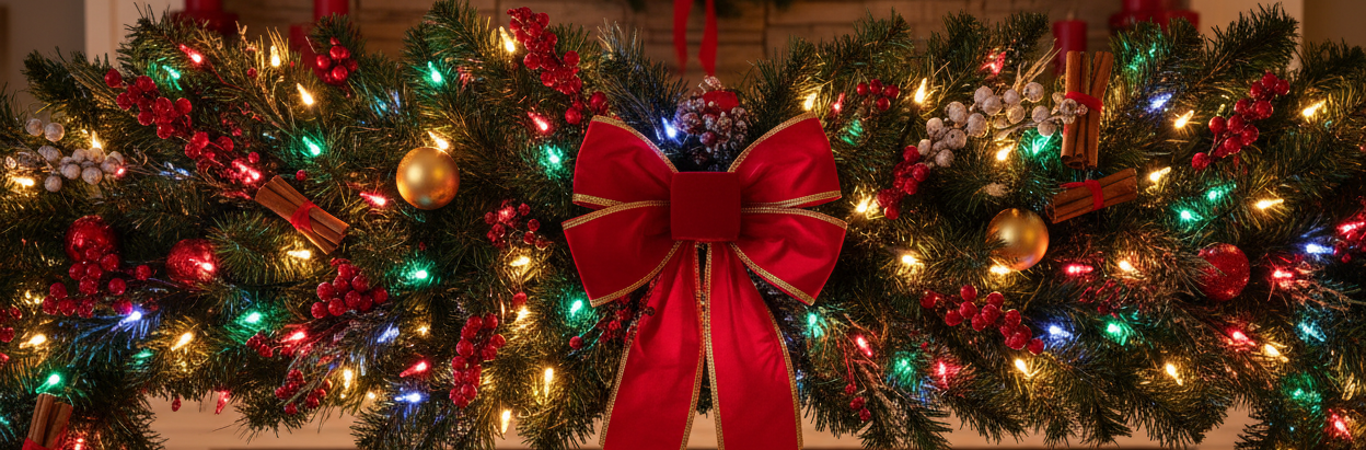 Festive cheerful christmas garland with lights