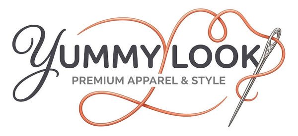 A logo-style graphic reading 'Yummy Look' with the subtitle 'Premium Apparel & Style,' featuring an orange decorative thread motif and a needle on a white background.